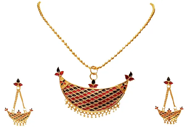 Assamese_Traditional_Gold_Plated_Red_Black_Colour_Joonbiri_Chain_Jewellery_Set_For_Women